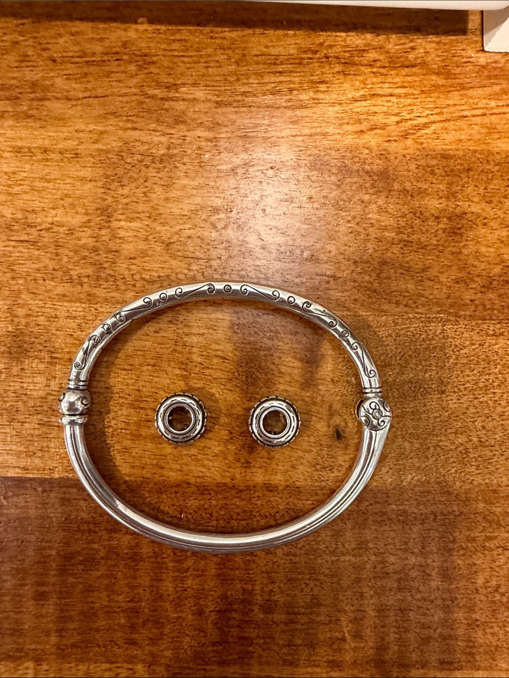 Brighton Charm Bangle Bracelet with Two Stopper Bead Charms - Silver Tone
